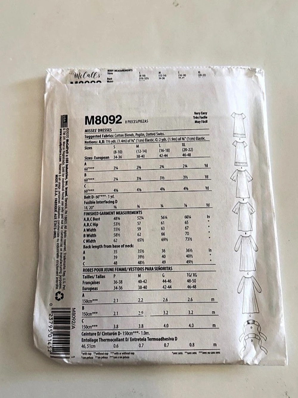 McCall's M8092 Misses' Peasant Dress Sewing Pattern Envelope Size S-XL